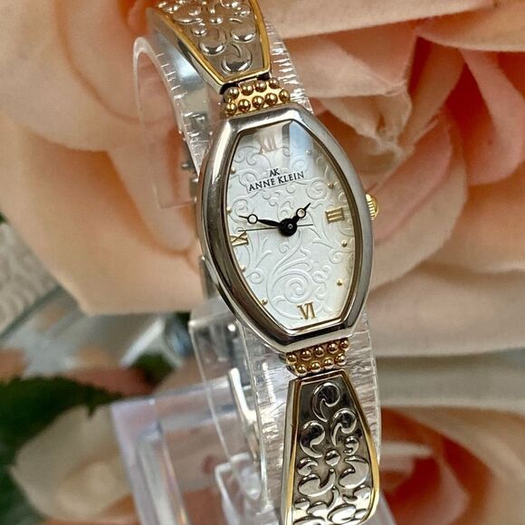 Anne Klein Two-Tone Tonneau Case Bracelet Watch Textured Dial Roman Numerals - Picture 2 of 13